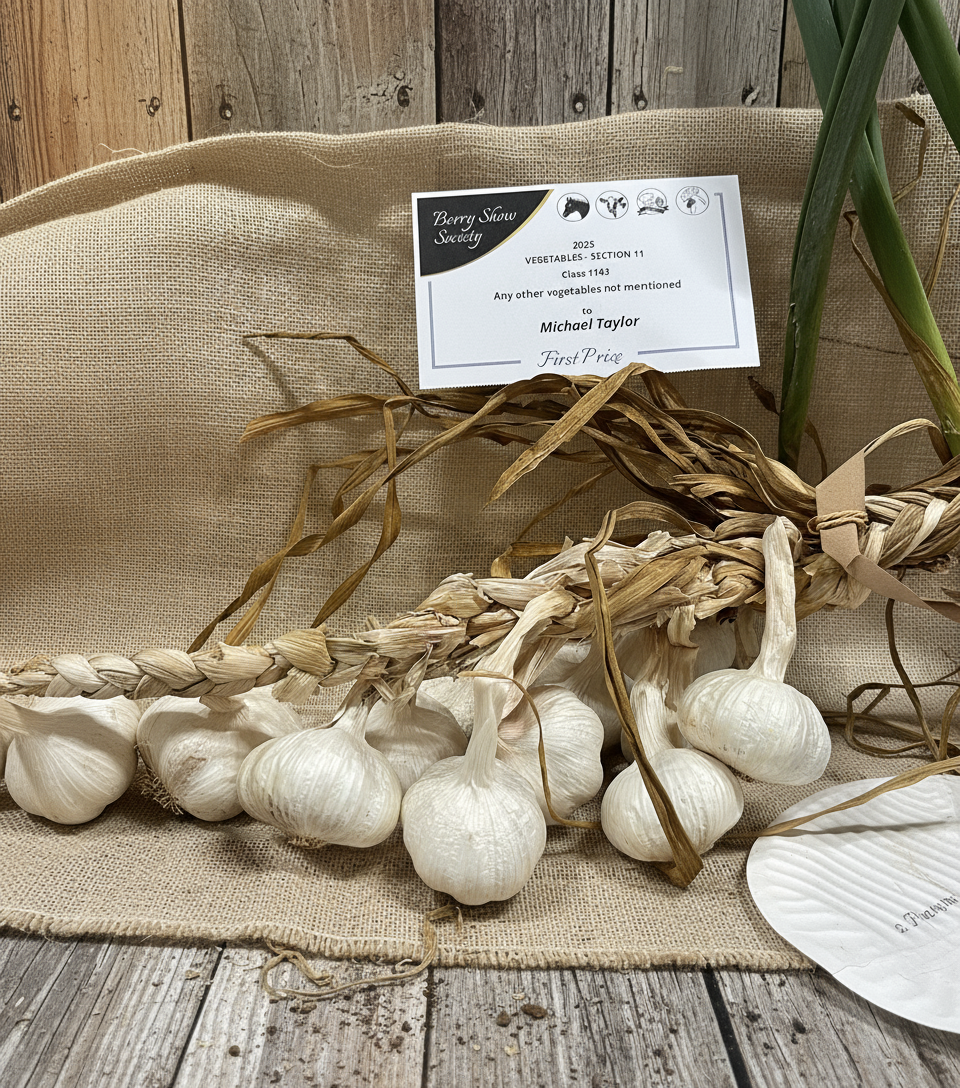 First Prize certificate from the Berry Show Society vegetable section, awarded to Priddles Garlic