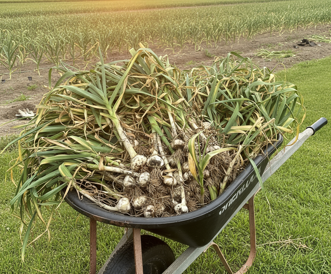 Wheelbarrow full of freshly harvested garlic bulbs at Priddles Garlic farm