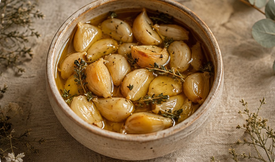 Garlic cloves slow-cooked in oil with thyme in a ceramic bowl