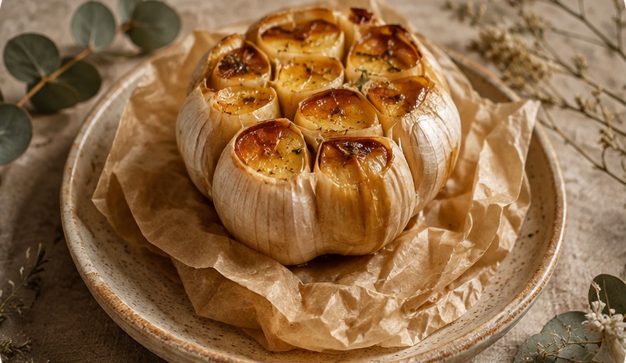 A whole roasted garlic bulb, caramelised and split open, served on baking paper